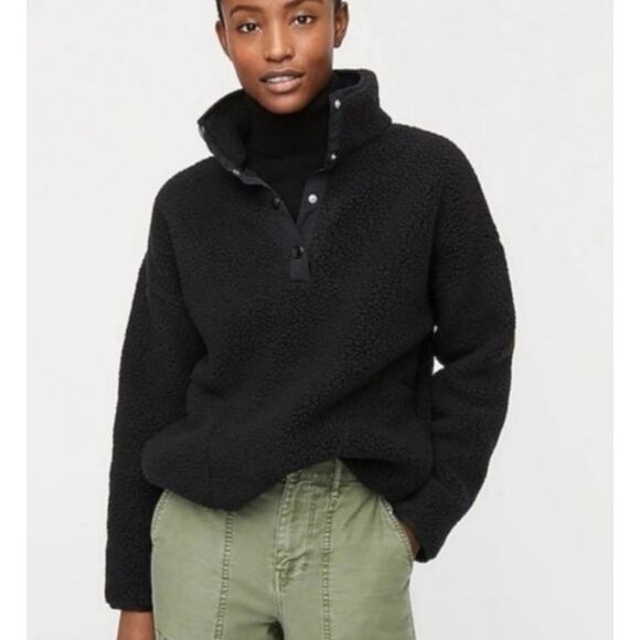 J Crew Snap-Collar Sherpa Sweatshirt in Polartec® Fleece Black Women's S - Picture 1 of 10